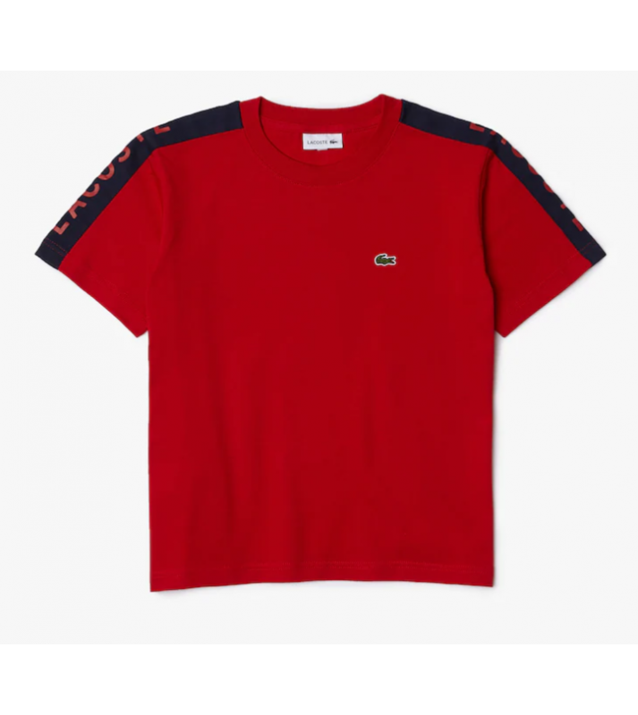 Lacoste  T-shirt à col rond marine/rouge en coton avec bandes siglées