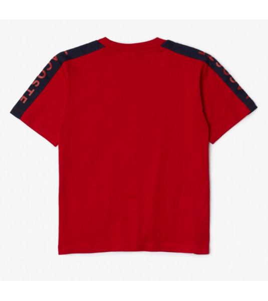 Lacoste  T-shirt à col rond marine/rouge en coton avec bandes siglées