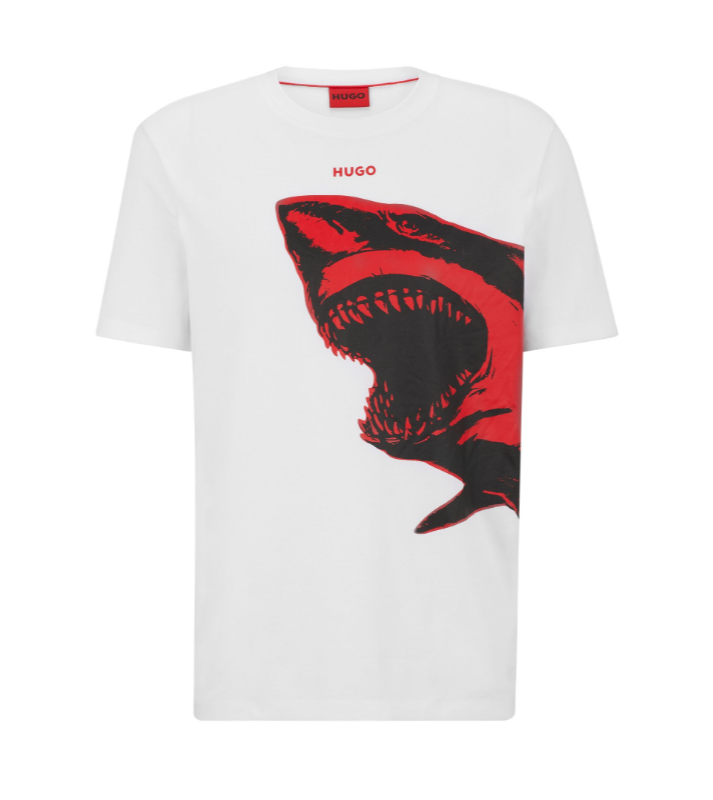 HUGO  Tshirt à col rond blanc logo requin