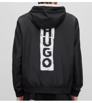 HUGO  Veste à capuche déperlante avec logo vertical zippee noire logo blanc